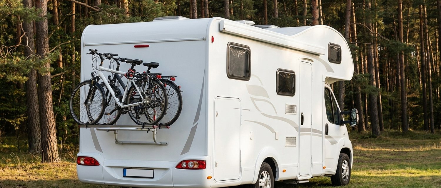 Alkoven-Reisemobil von hinten mit Heck-Fahrradträger und drei Fahrrädern