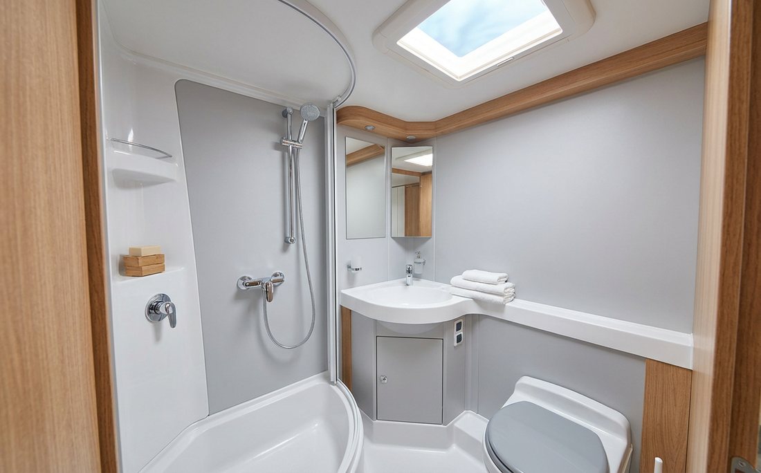 Nasszelle mit Dusche, Waschbecken und WC