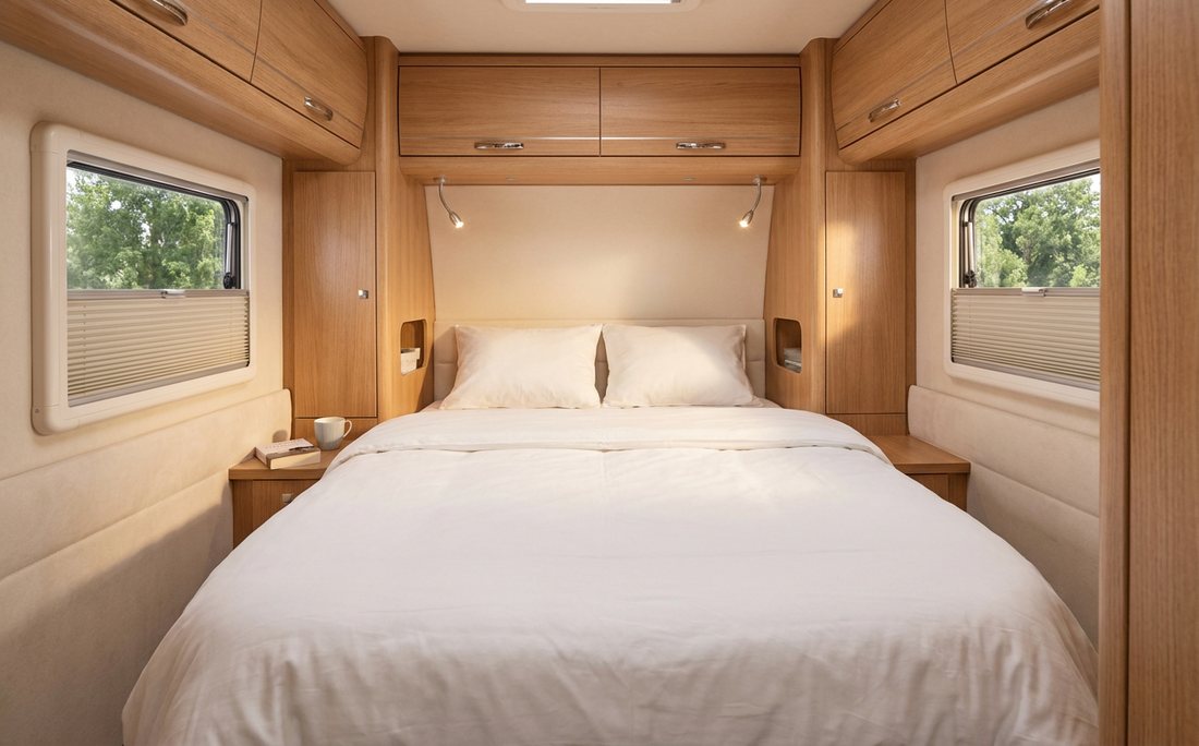 Heckbett: Doppelbett im Heck mit Leseleuchten