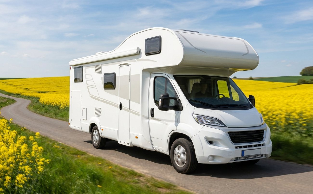 Wohnmobil unterwegs an einem blühenden Rapsfeld